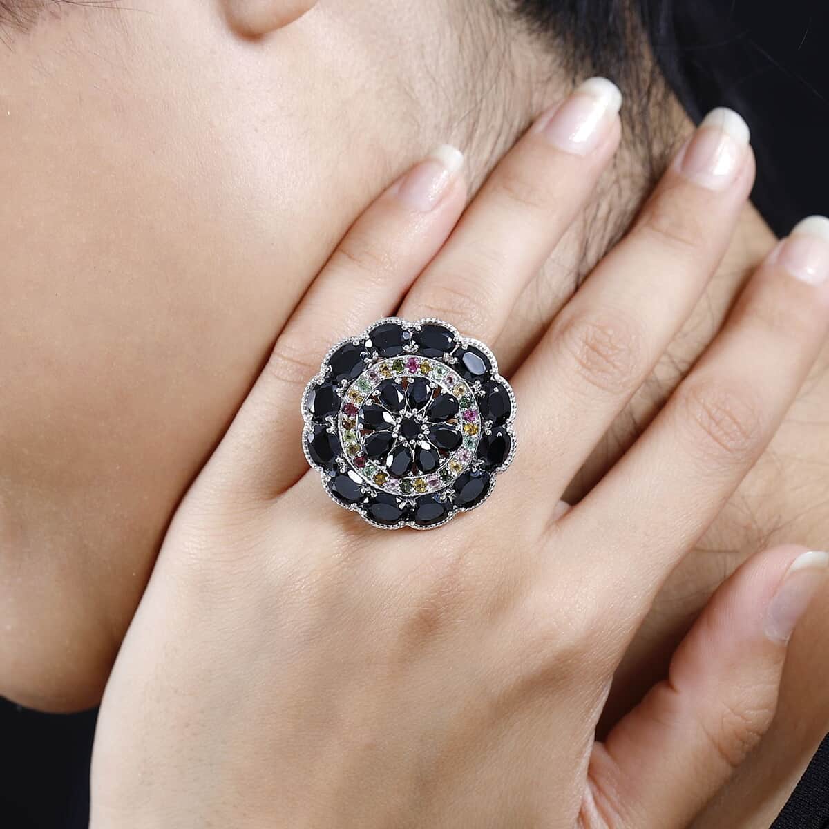 Thai Black Spinel and Multi-Tourmaline Floral Ring in Platinum Over Sterling Silver (Size 10.0) 17.25 ctw image number 2