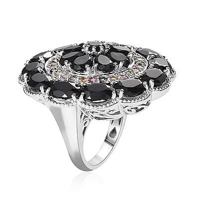 Thai Black Spinel and Multi-Tourmaline Floral Ring in Platinum Over Sterling Silver (Size 10.0) 17.50 ctw