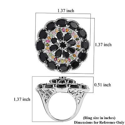 Thai Black Spinel and Multi-Tourmaline Floral Ring in Platinum Over Sterling Silver (Size 10.0) 17.50 ctw
