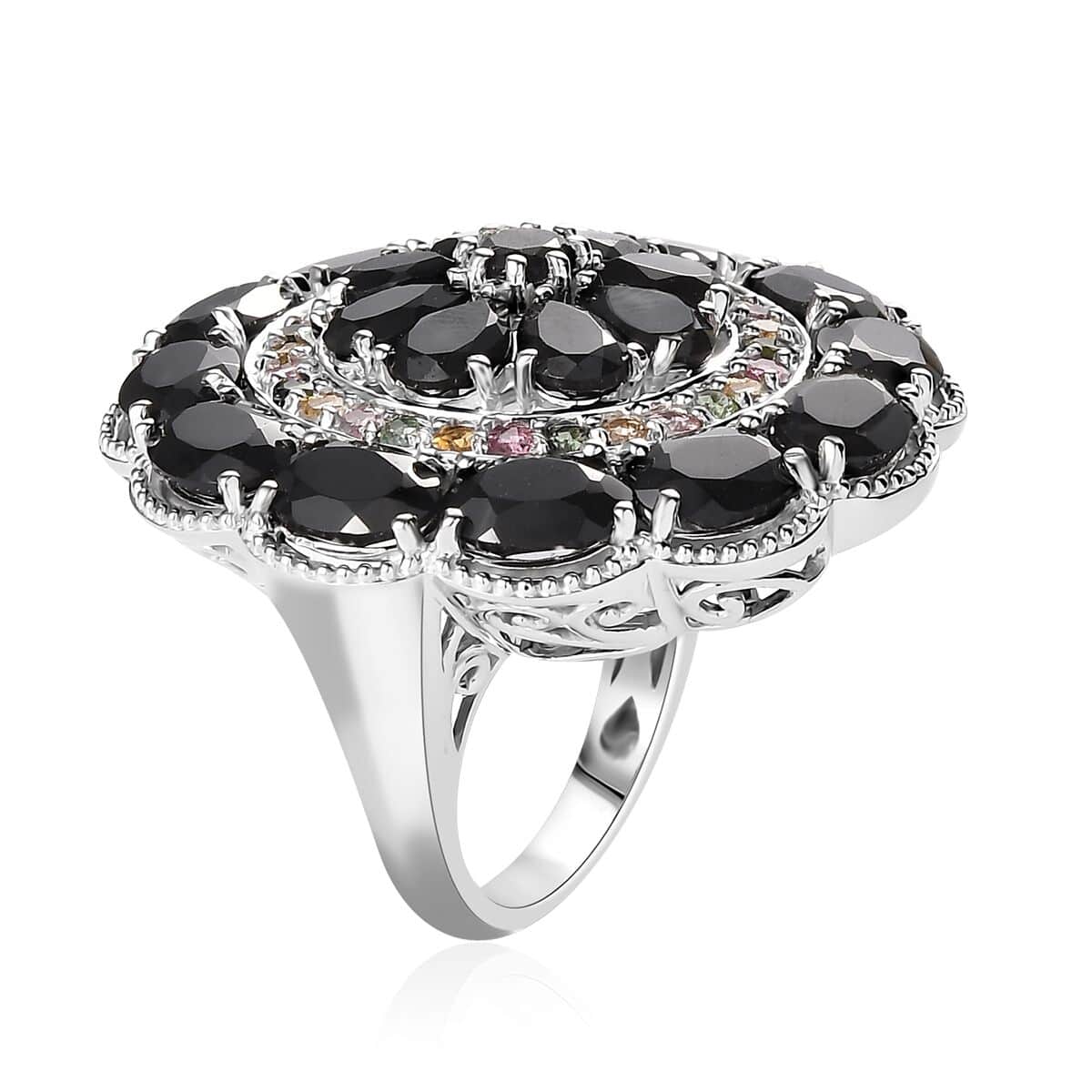 Thai Black Spinel and Multi-Tourmaline Floral Ring in Platinum Over Sterling Silver (Size 7.0) 17.50 ctw image number 3