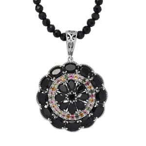 Thai Black Spinel and Multi-Tourmaline Floral Pendant with Beaded Necklace 18-20 Inches in Platinum Over Sterling Silver 97.10 ctw