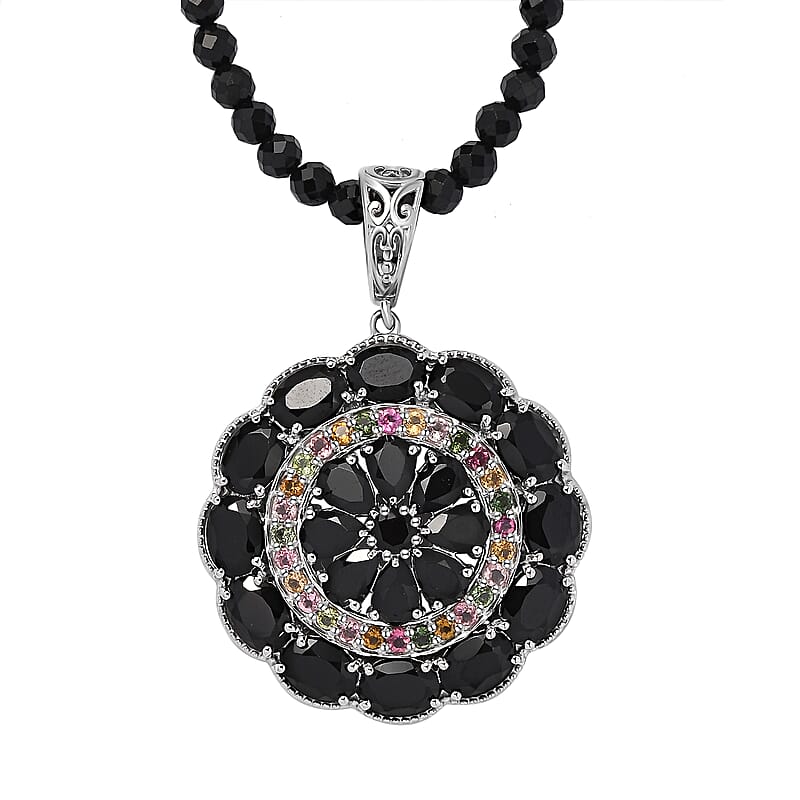 Thai Black Spinel and Multi-Tourmaline Floral Pendant with Beaded Necklace 18-20 Inches in Platinum Over Sterling Silver 97.10 ctw
