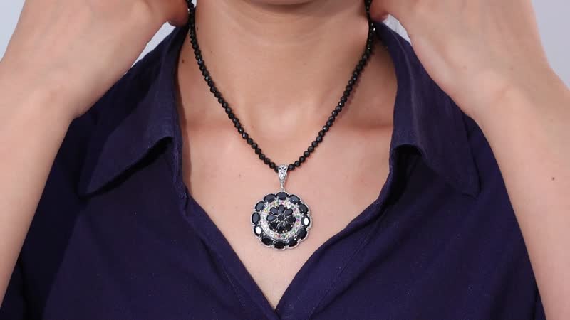 Thai Black Spinel and Multi-Tourmaline Floral Pendant with Beaded Necklace 18-20 Inches in Platinum Over Sterling Silver 97.10 ctw