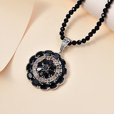 Thai Black Spinel and Multi-Tourmaline Floral Pendant with Beaded Necklace 18-20 Inches in Platinum Over Sterling Silver 97.10 ctw