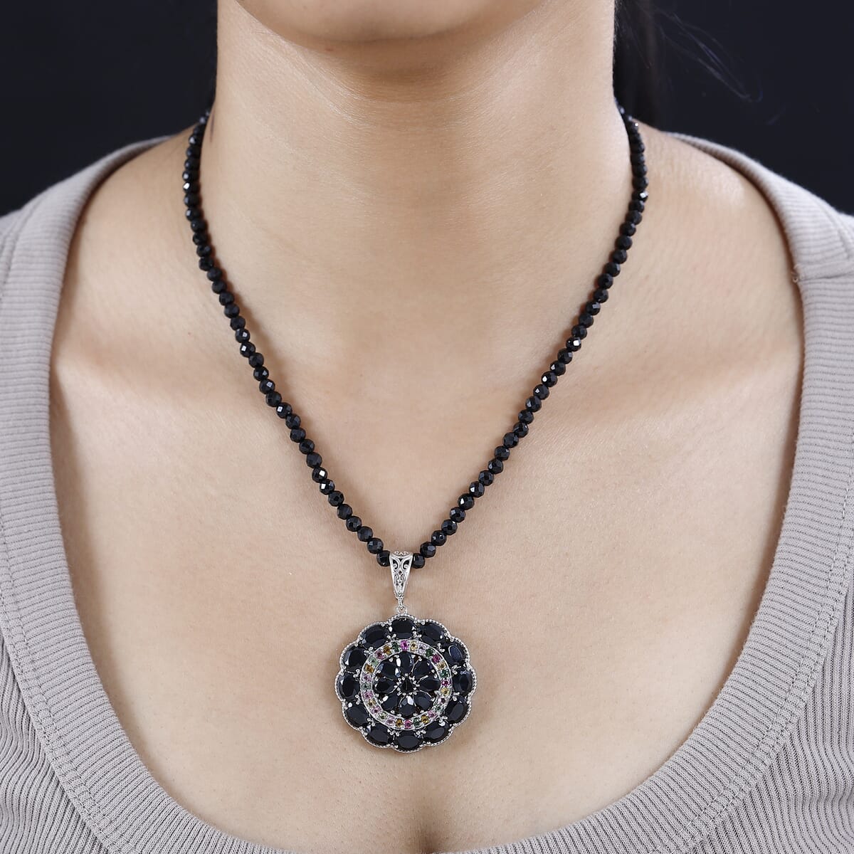 Thai Black Spinel and Multi-Tourmaline Floral Pendant with Beaded Necklace 18-20 Inches in Platinum Over Sterling Silver 97.10 ctw image number 2