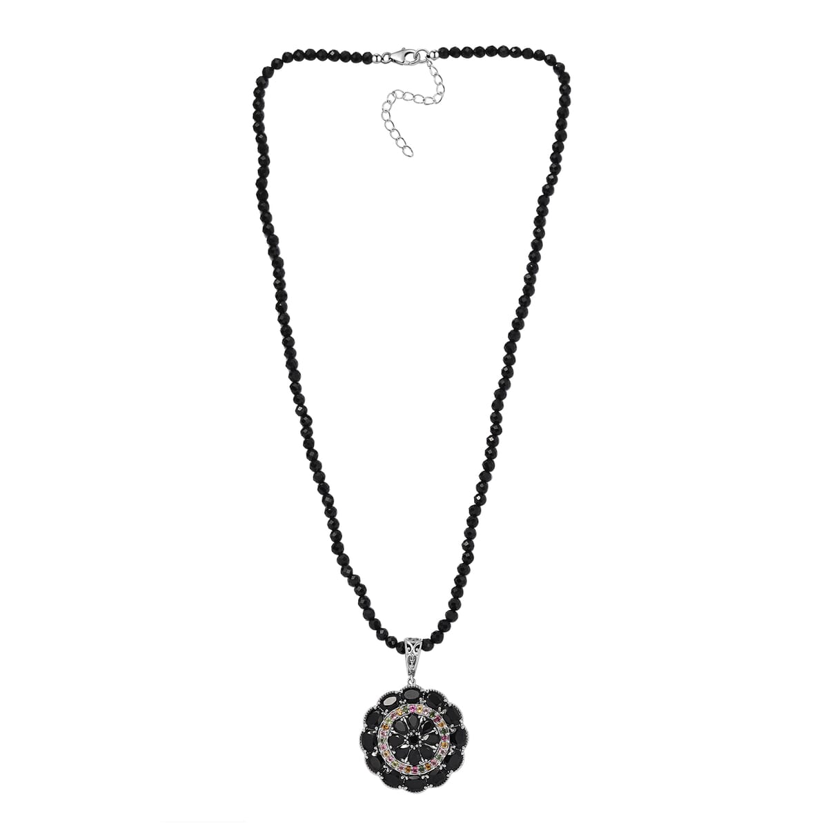 Thai Black Spinel and Multi-Tourmaline Floral Pendant with Beaded Necklace 18-20 Inches in Platinum Over Sterling Silver 97.10 ctw image number 3