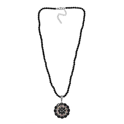 Thai Black Spinel and Multi-Tourmaline Floral Pendant with Beaded Necklace 18-20 Inches in Platinum Over Sterling Silver 97.10 ctw