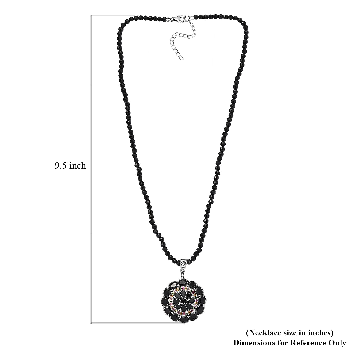 Thai Black Spinel and Multi-Tourmaline Floral Pendant with Beaded Necklace 18-20 Inches in Platinum Over Sterling Silver 97.10 ctw
