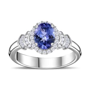Tanzanite and Diamond Halo Ring in Platinum Over Sterling Silver (Size 10.0) 1.50 ctw (Del. in 10-12 Days)