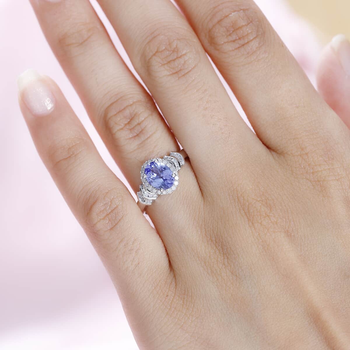 Tanzanite and Diamond Halo Ring in Platinum Over Sterling Silver (Size 10.0) 1.50 ctw image number 2