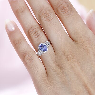 Tanzanite and Diamond Halo Ring in Platinum Over Sterling Silver (Size 10.0) 1.50 ctw