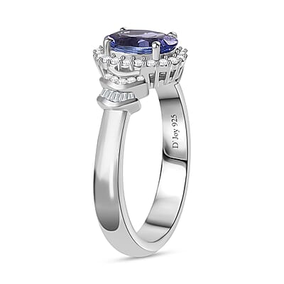 Tanzanite and Diamond Halo Ring in Platinum Over Sterling Silver (Size 10.0) 1.50 ctw