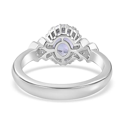 Tanzanite and Diamond Halo Ring in Platinum Over Sterling Silver (Size 10.0) 1.50 ctw