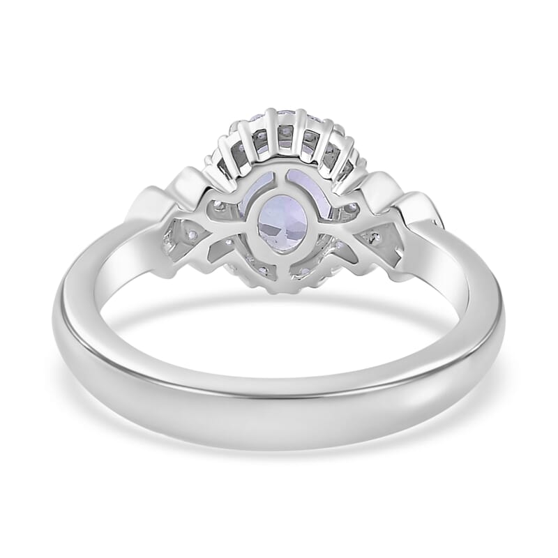 Tanzanite and Diamond Halo Ring in Platinum Over Sterling Silver (Size 10.0) 1.50 ctw