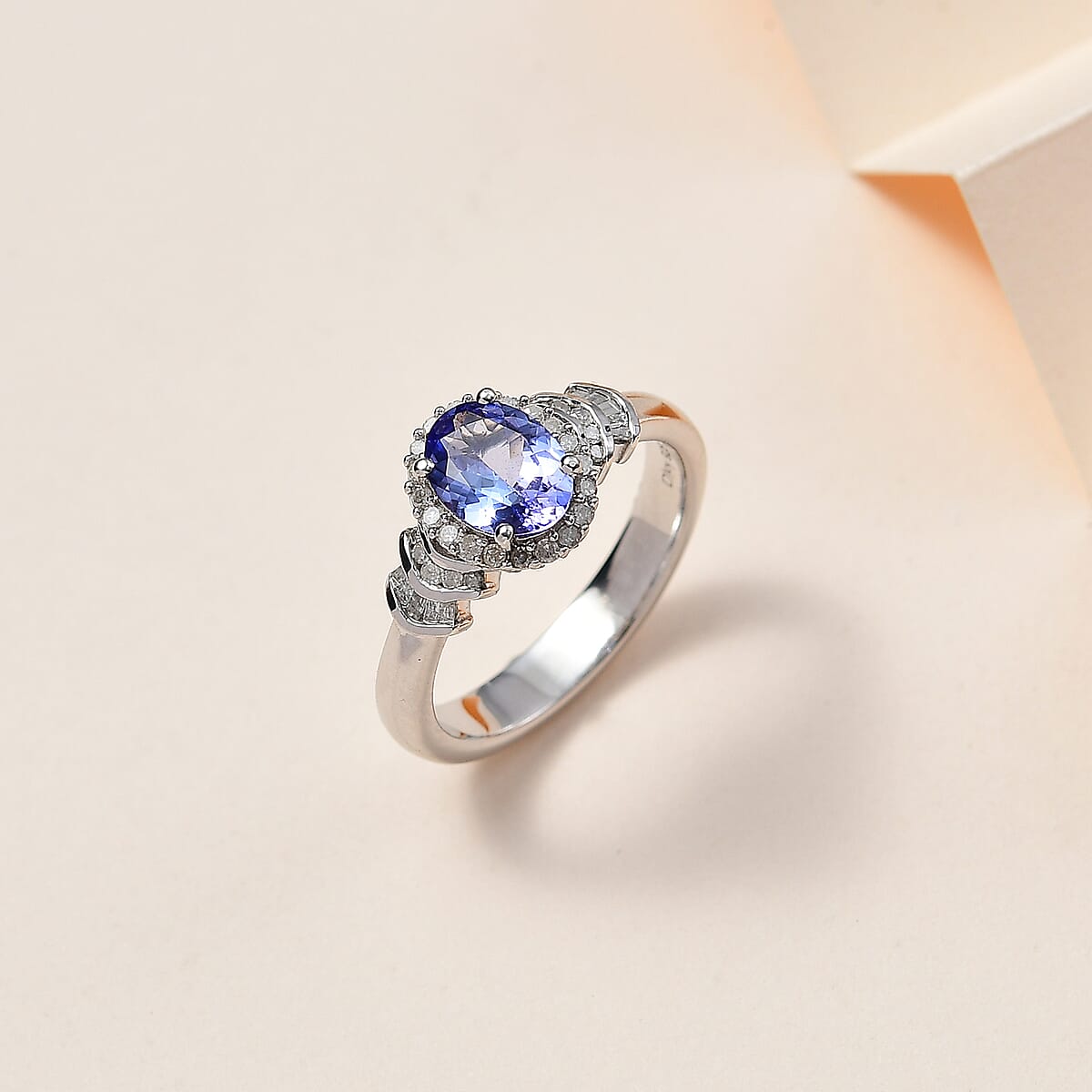 Tanzanite and Diamond Halo Ring in Platinum Over Sterling Silver (Size 7.0) 1.50 ctw image number 1