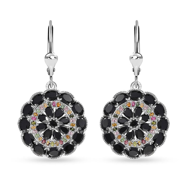 D'Joy Thai Black Spinel and Multi-Tourmaline Floral Lever Back Earrings in Platinum Over Sterling Silver 20.40 ctw
