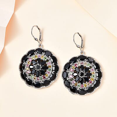 D'Joy Thai Black Spinel and Multi-Tourmaline Floral Lever Back Earrings in Platinum Over Sterling Silver 20.40 ctw