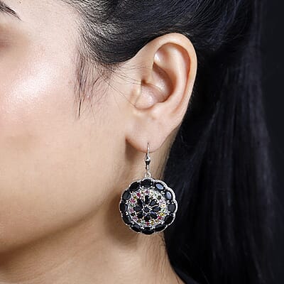 D'Joy Thai Black Spinel and Multi-Tourmaline Floral Lever Back Earrings in Platinum Over Sterling Silver 20.40 ctw