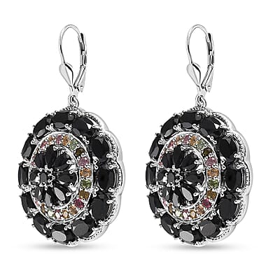 D'Joy Thai Black Spinel and Multi-Tourmaline Floral Lever Back Earrings in Platinum Over Sterling Silver 20.40 ctw