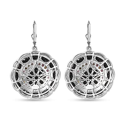 D'Joy Thai Black Spinel and Multi-Tourmaline Floral Lever Back Earrings in Platinum Over Sterling Silver 20.40 ctw