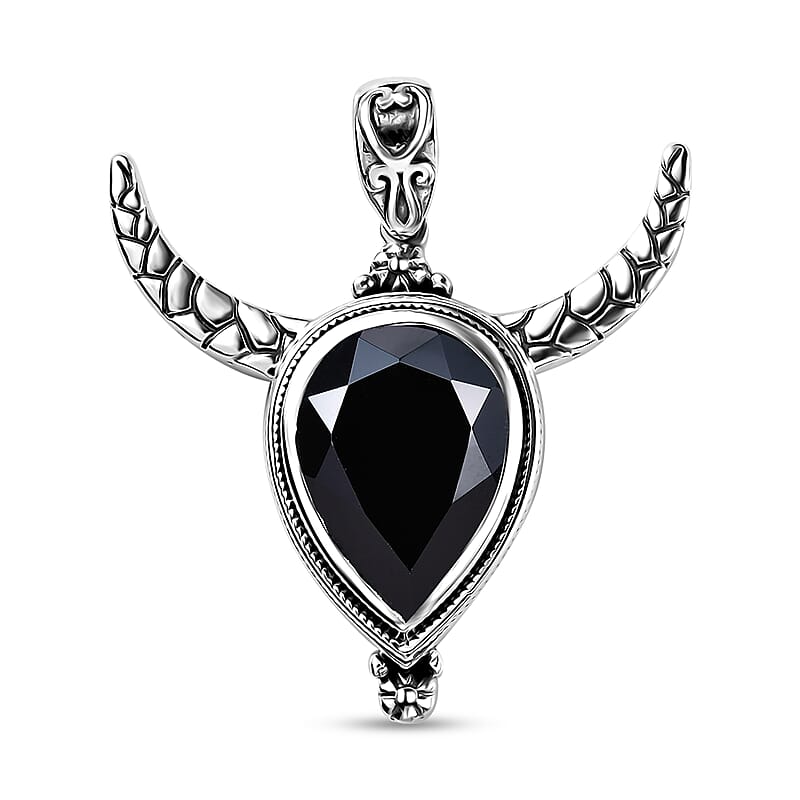 Artisan Crafted Thai Black Spinel Bull Head Pendant in Sterling Silver 11.75 ctw