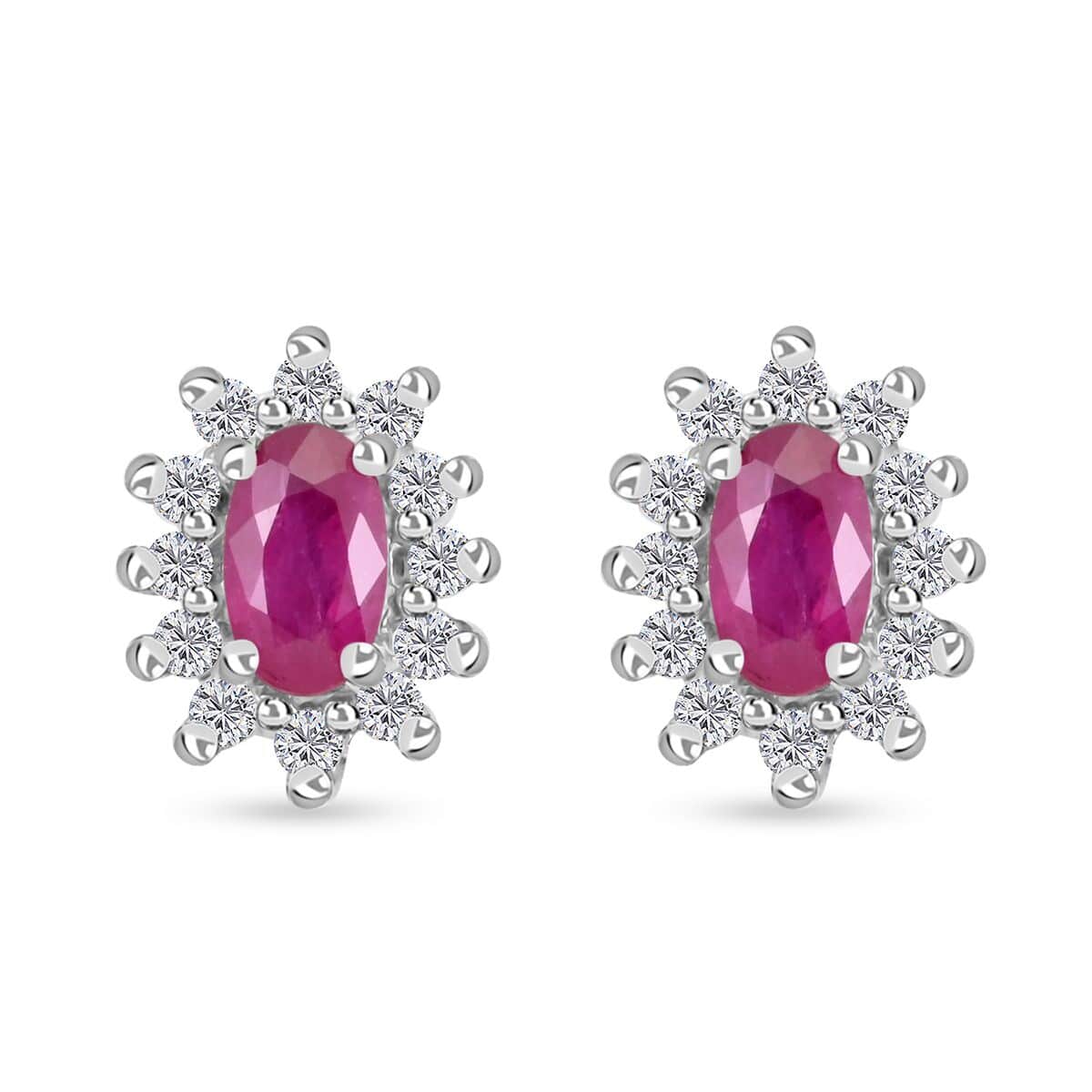 Premium Mozambique Ruby and White Zircon Sunburst Stud Earrings in Platinum Over Sterling Silver 1.10 ctw (Del. in 8-10 Days) image number 0