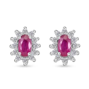 Premium Mozambique Ruby and White Zircon Sunburst Stud Earrings in Platinum Over Sterling Silver 1.10 ctw (Del. in 8-10 Days)