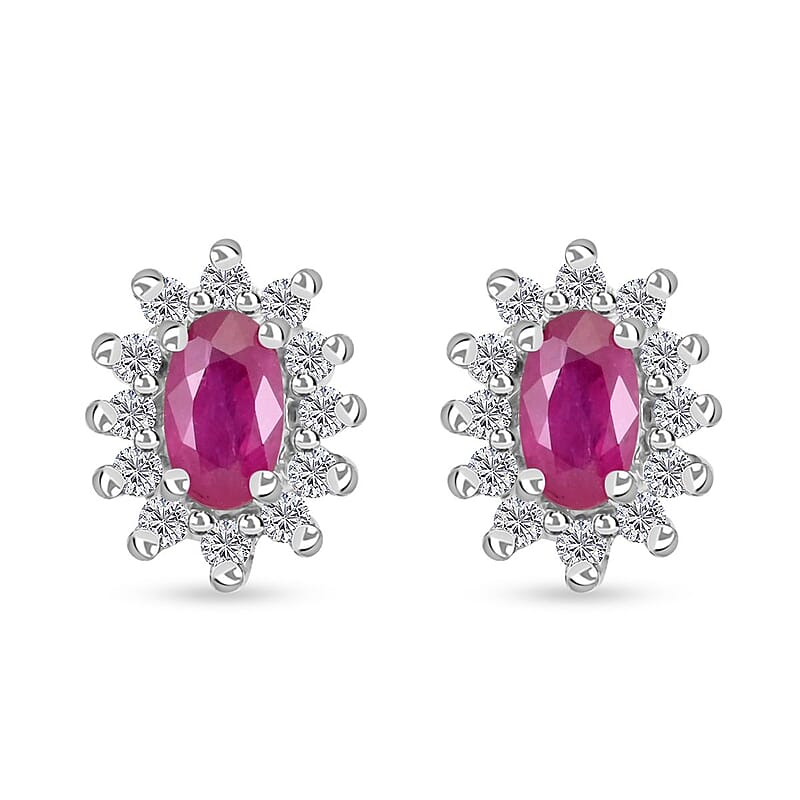 Premium Mozambique Ruby and White Zircon Sunburst Stud Earrings in Platinum Over Sterling Silver 1.10 ctw (Del. in 8-10 Days)