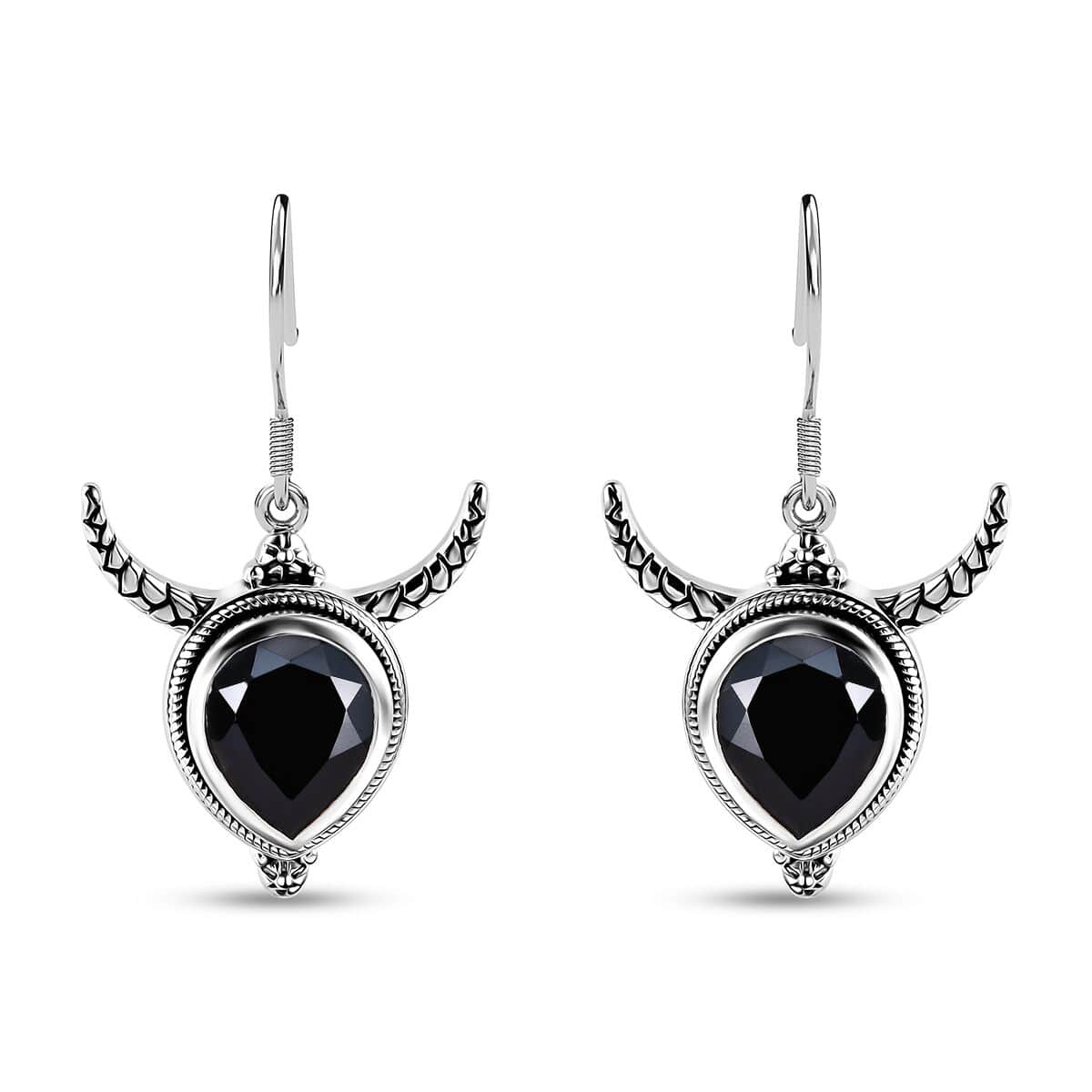 Artisan Crafted Thai Black Spinel Bull Head Dangle Earrings in Sterling Silver 10.00 ctw image number 0