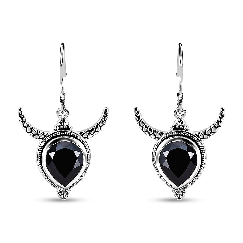 Artisan Crafted Thai Black Spinel Bull Head Dangle Earrings in Sterling Silver 10.00 ctw