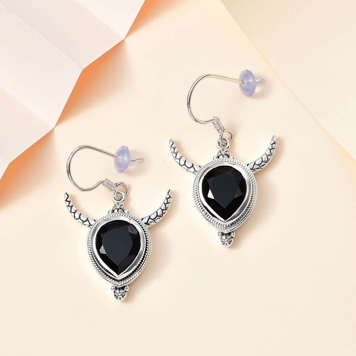 Artisan Crafted Thai Black Spinel Bull Head Dangle Earrings in Sterling Silver 10.00 ctw image number 1