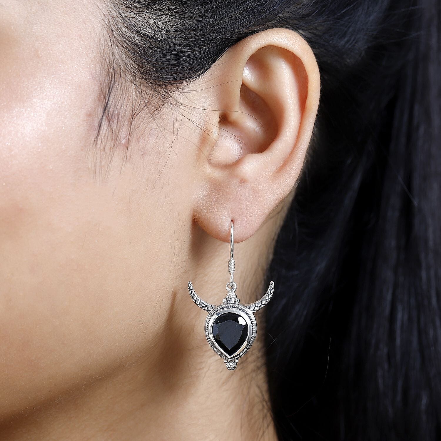 Artisan Crafted Thai Black Spinel Bull Head Dangle Earrings in Sterling Silver 10.00 ctw