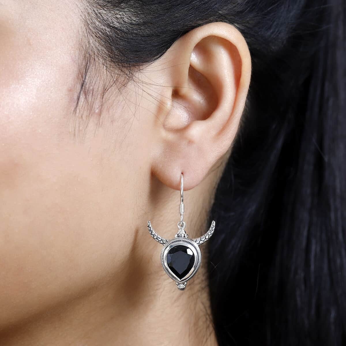 Artisan Crafted Thai Black Spinel Bull Head Dangle Earrings in Sterling Silver 10.00 ctw image number 2