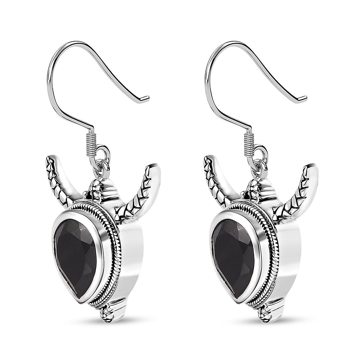 Artisan Crafted Thai Black Spinel Bull Head Dangle Earrings in Sterling Silver 10.00 ctw