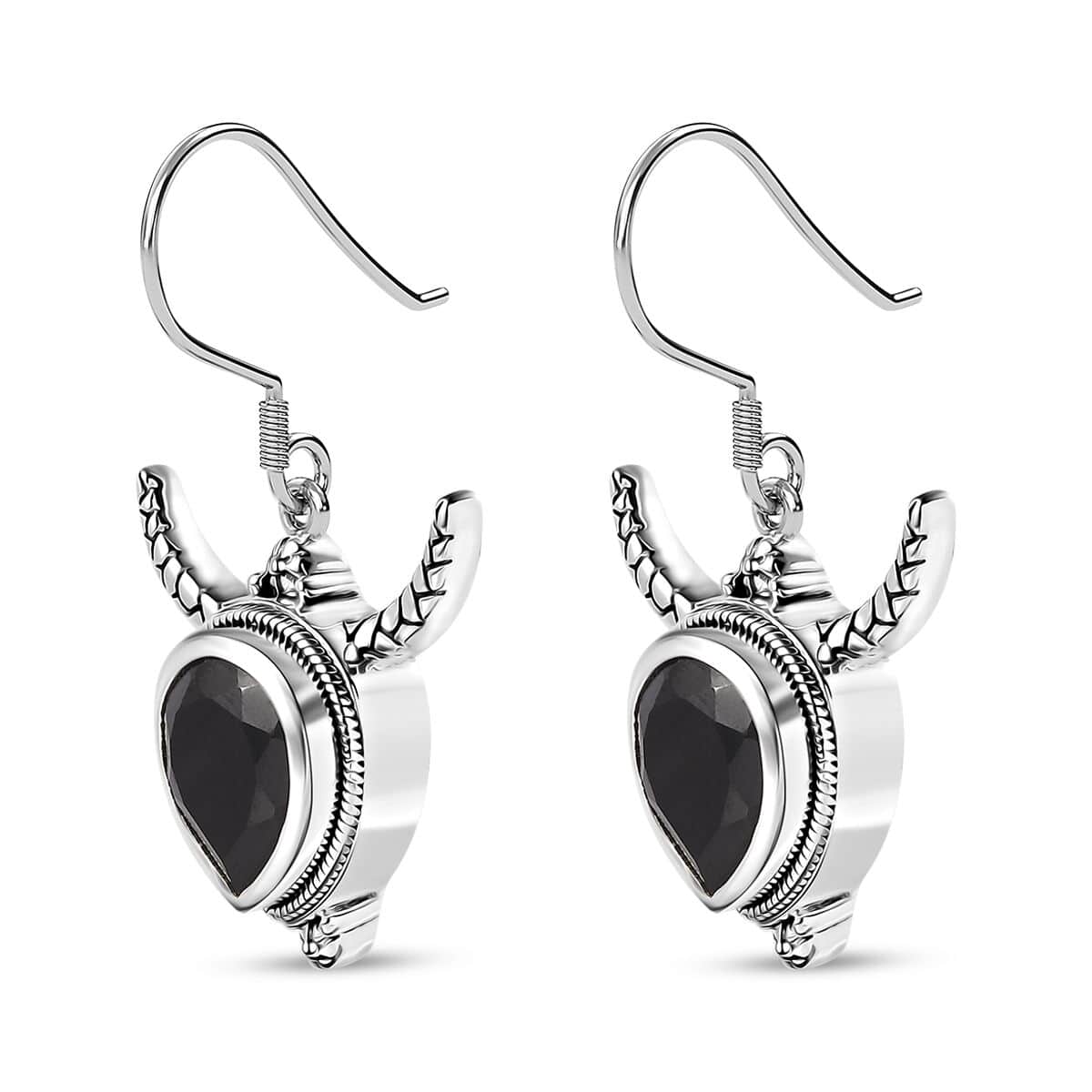 Artisan Crafted Thai Black Spinel Bull Head Dangle Earrings in Sterling Silver 10.00 ctw image number 3