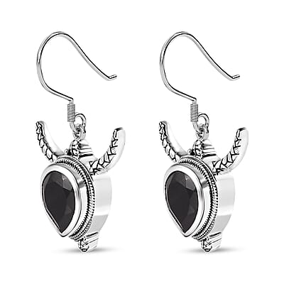Artisan Crafted Thai Black Spinel Bull Head Dangle Earrings in Sterling Silver 10.00 ctw