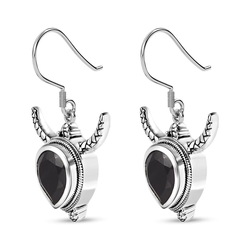 Artisan Crafted Thai Black Spinel Bull Head Dangle Earrings in Sterling Silver 10.00 ctw