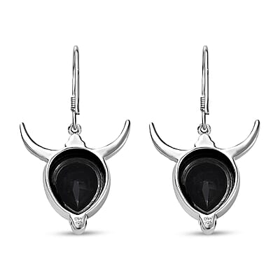 Artisan Crafted Thai Black Spinel Bull Head Dangle Earrings in Sterling Silver 10.00 ctw