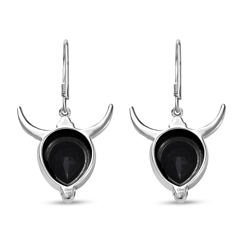 Artisan Crafted Thai Black Spinel Bull Head Dangle Earrings in Sterling Silver 10.00 ctw
