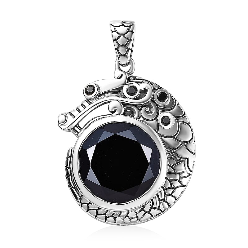 Artisan Crafted Thai Black Spinel Dragon Pendant in Sterling Silver 13.65 ctw