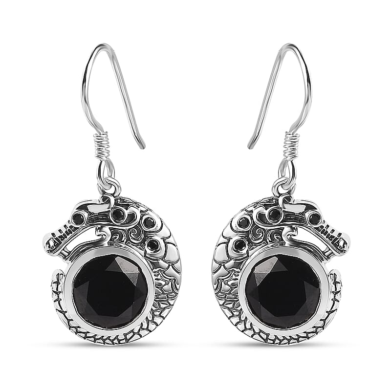 Artisan Crafted Thai Black Spinel Dragon Earrings in Sterling Silver 9.20 ctw