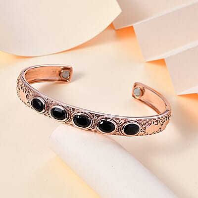 Artisan Crafted Thai Black Spinel Creature Cuff Bracelet in 14K Rose Gold Over Copper with Magnet (7.25 In) 7.80 ctw