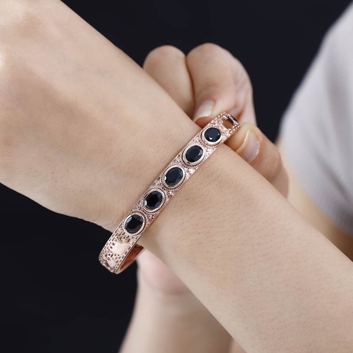 Artisan Crafted Thai Black Spinel Creature Cuff Bracelet in 14K Rose Gold Over Copper with Magnet (7.25 In) 7.80 ctw image number 2