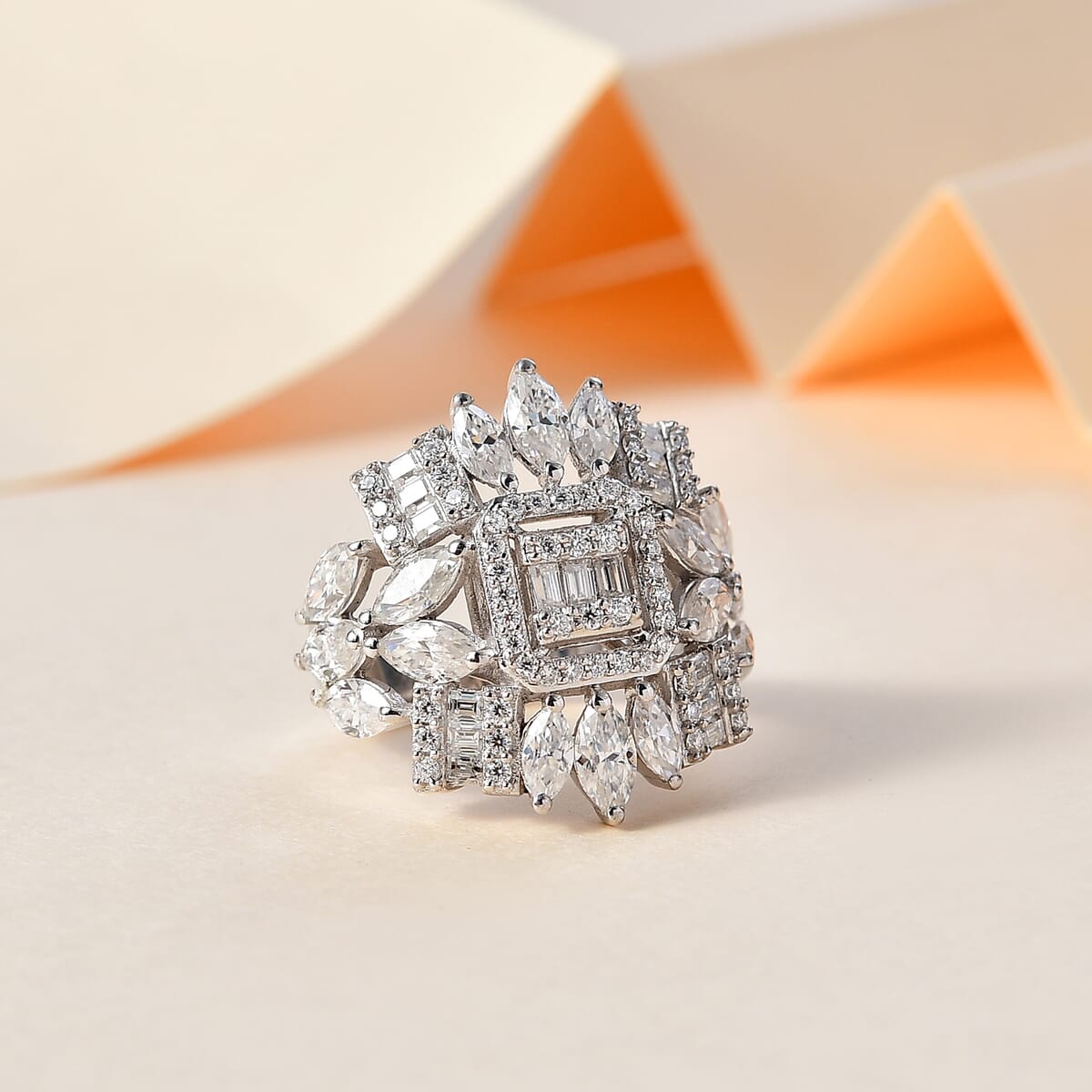 Moissanite 4.10 ctw Ring in Platinum Over Sterling Silver (Size 9.0) image number 1