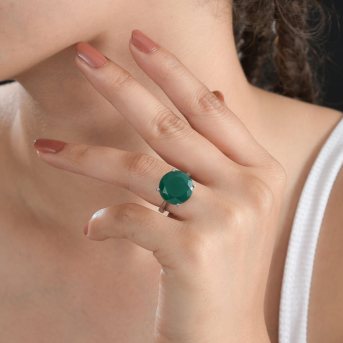 Green Onyx Solitaire Ring in Stainless Steel (Size 6.0) 7.70 ctw image number 2
