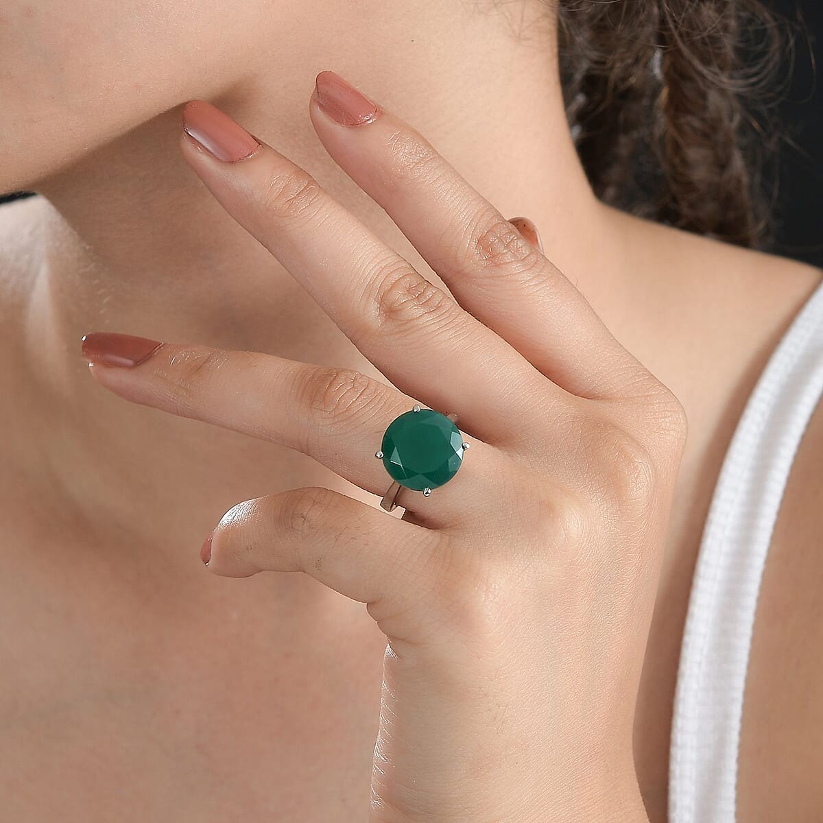 Green Onyx Solitaire Ring in Stainless Steel (Size 7.0) 7.70 ctw image number 2
