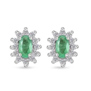 Premium Kagem Zambian Emerald and White Zircon Sunburst Stud Earrings in Platinum Over Sterling Silver 1.15 ctw