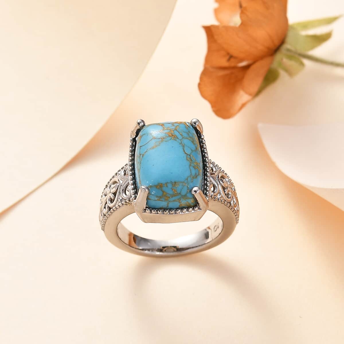 Mojave Blue Turquoise Solitaire Ring in Platinum Over Copper with Magnet (Size 10.0) 6.65 ctw image number 1