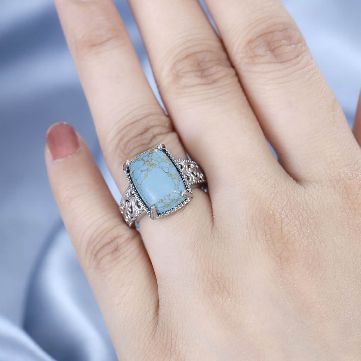 Mojave Blue Turquoise Solitaire Ring in Platinum Over Copper with Magnet (Size 10.0) 6.65 ctw image number 2