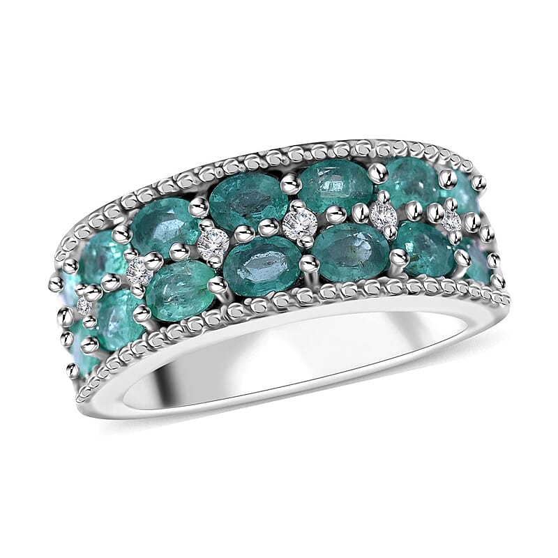 Kagem Zambian Emerald and White Zircon Ring in Platinum Over Sterling Silver (Size 10.0) 2.60 ctw